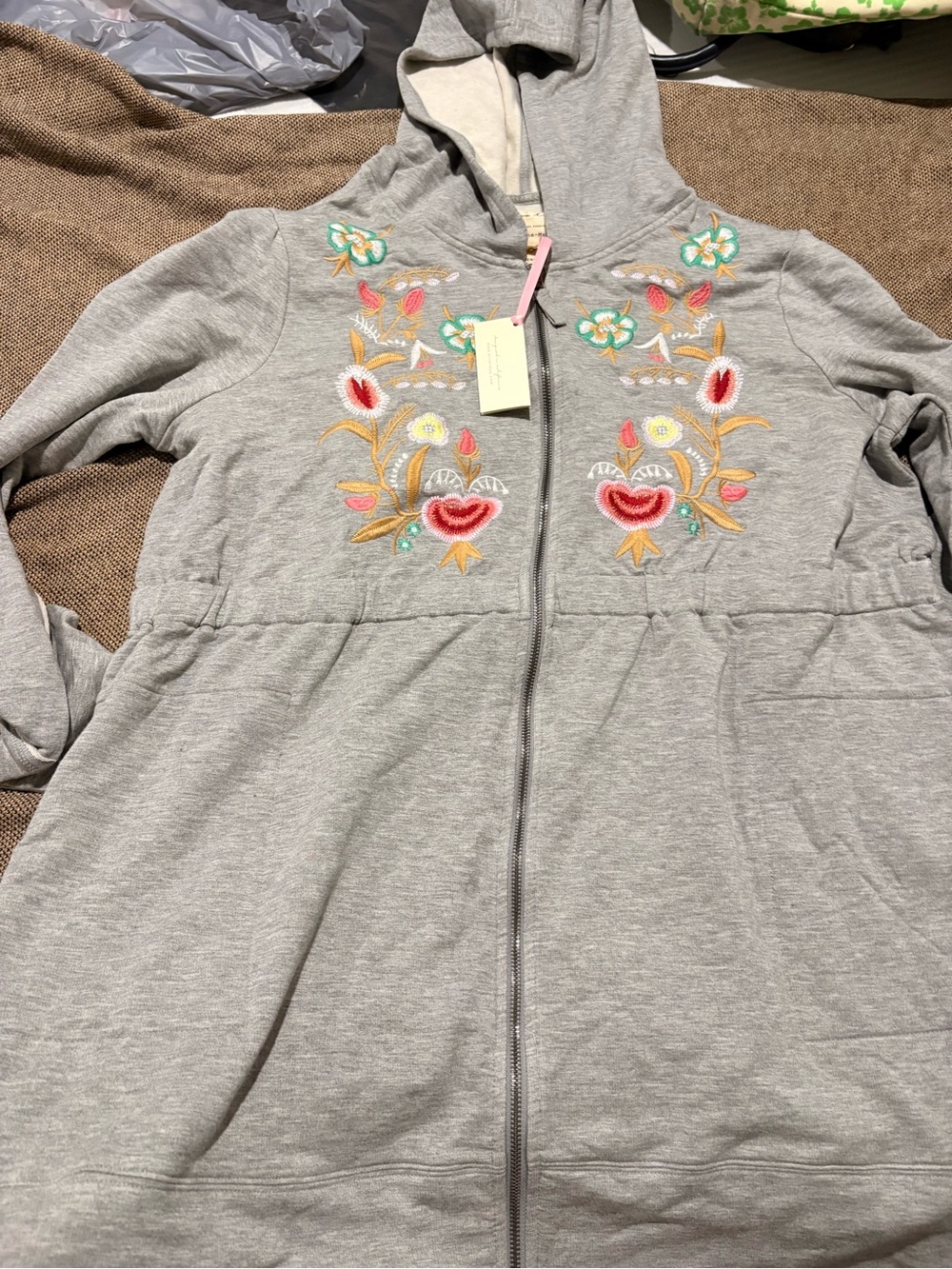 evy's tree Gray Hooded Zip Jacket with Floral Embroidery